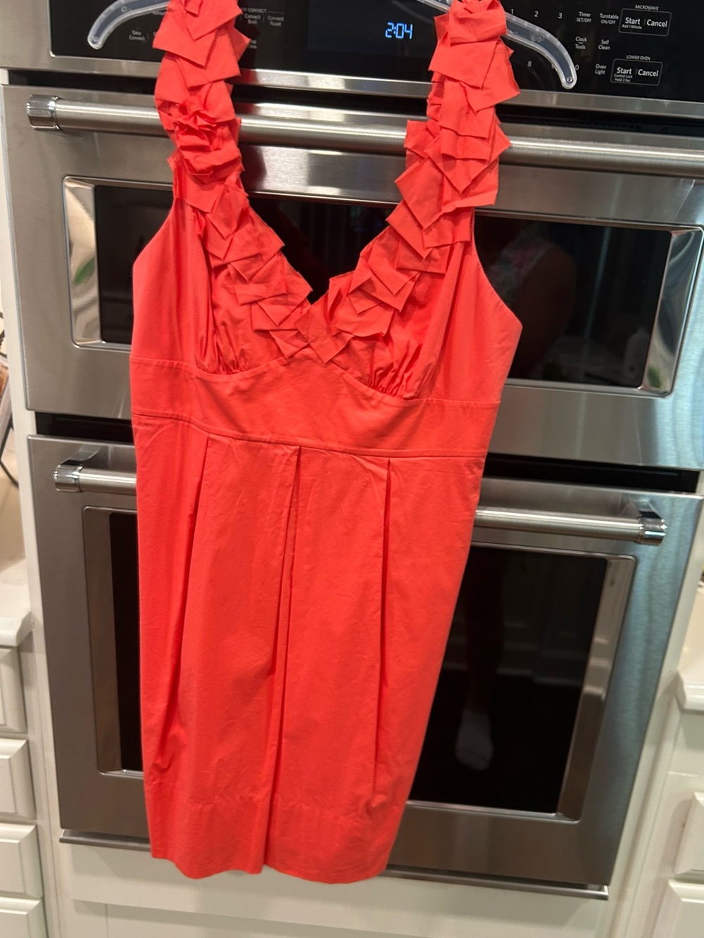 BCBGMaxAzria Coral Red Ruffle-Trim V-Neck Dress